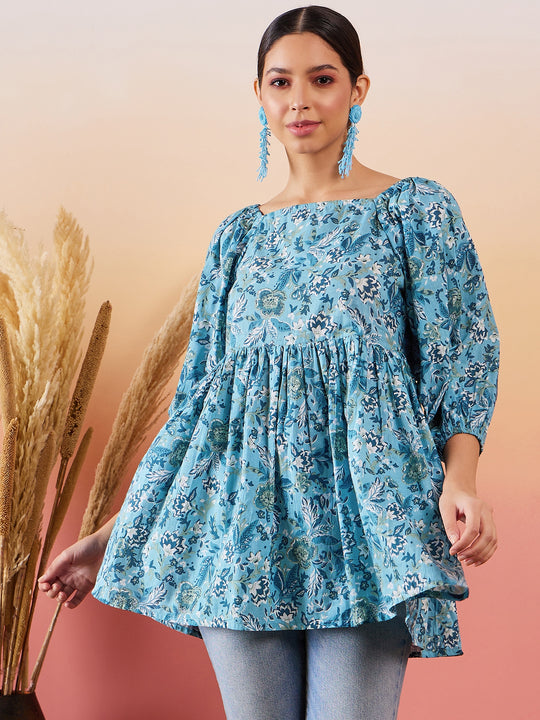 Powder Blue Floral Print Cold Shoulder Top