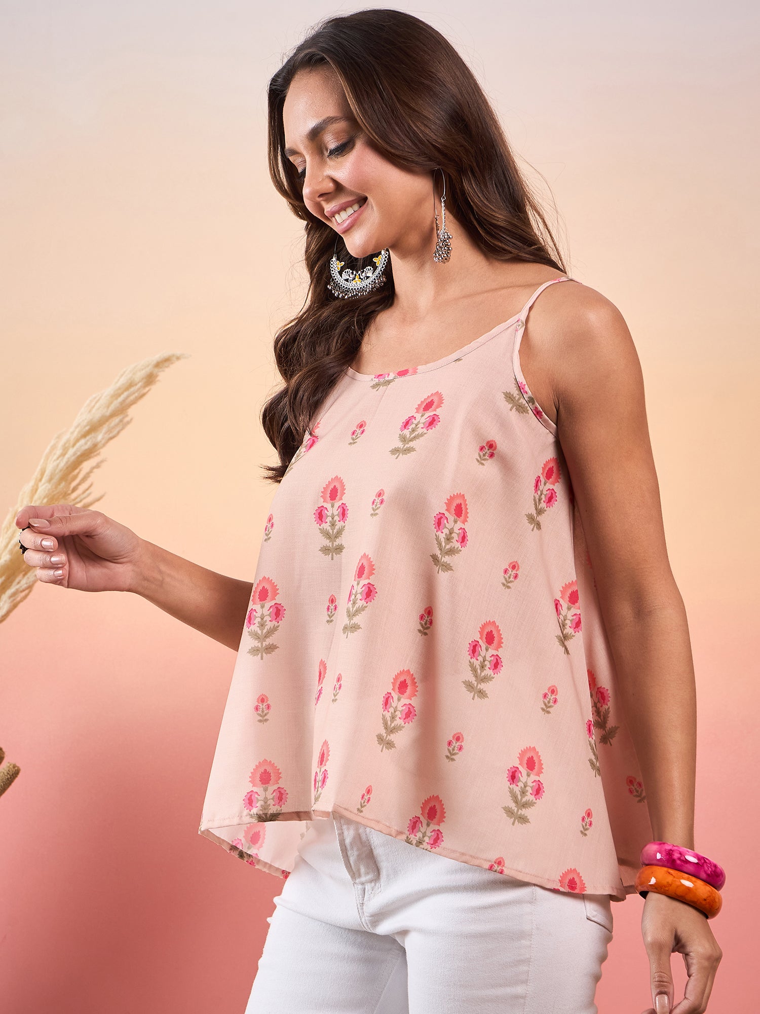 Light Peach Floral Strappe Flare Top