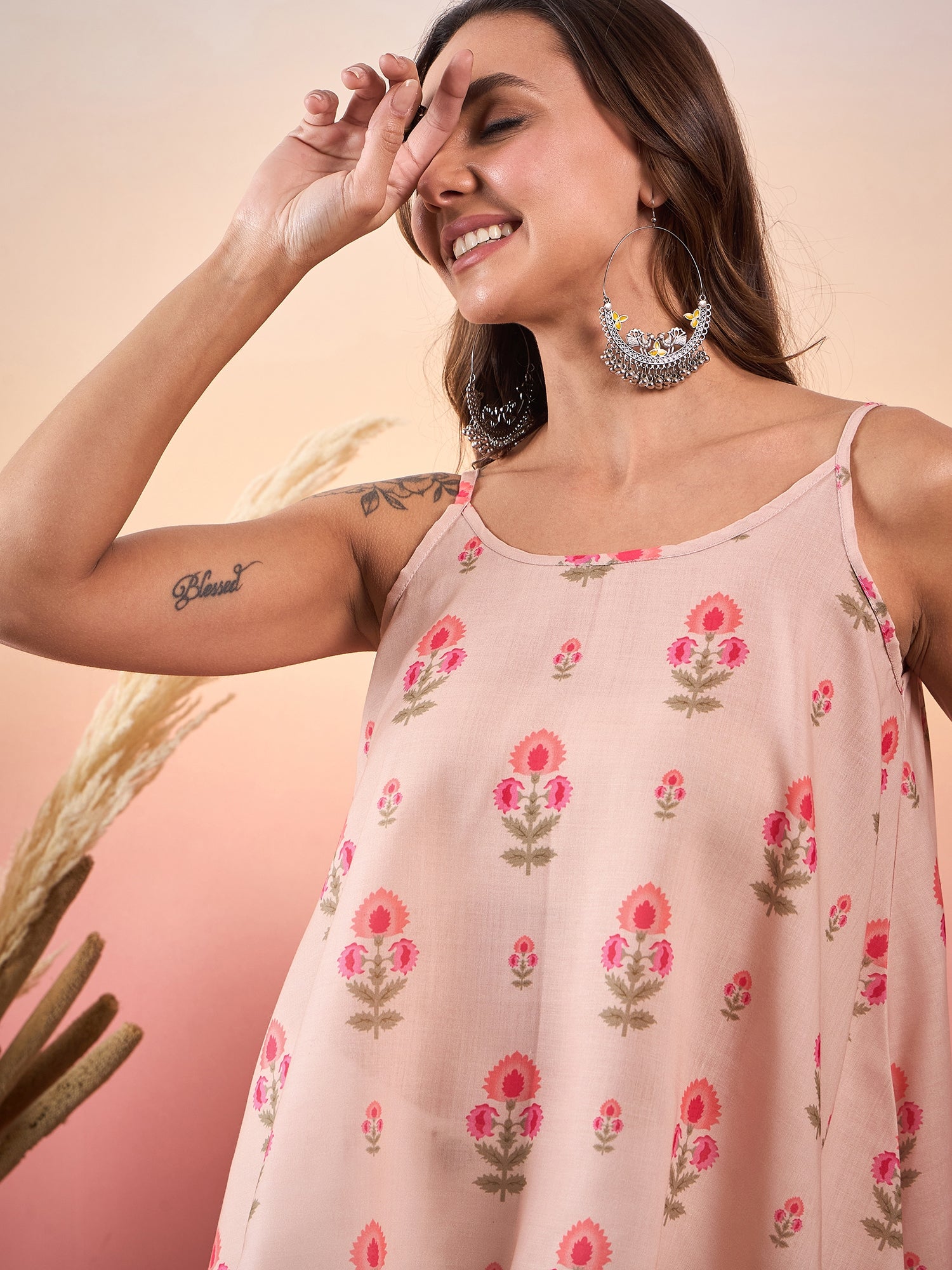 Light Peach Floral Strappe Flare Top