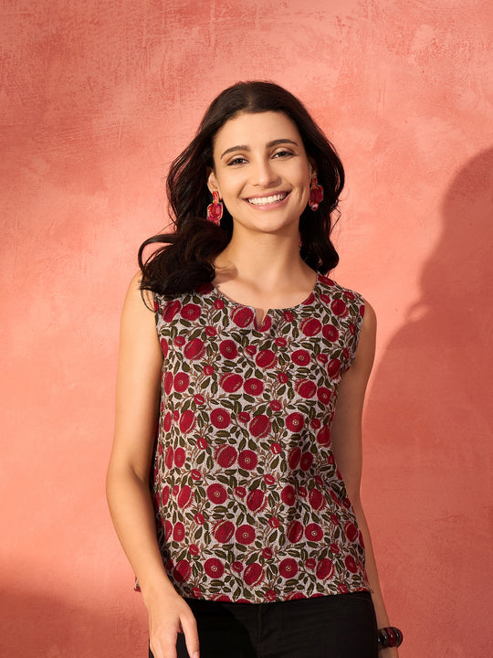 Grey Maroon Jaal Printed W/S Top