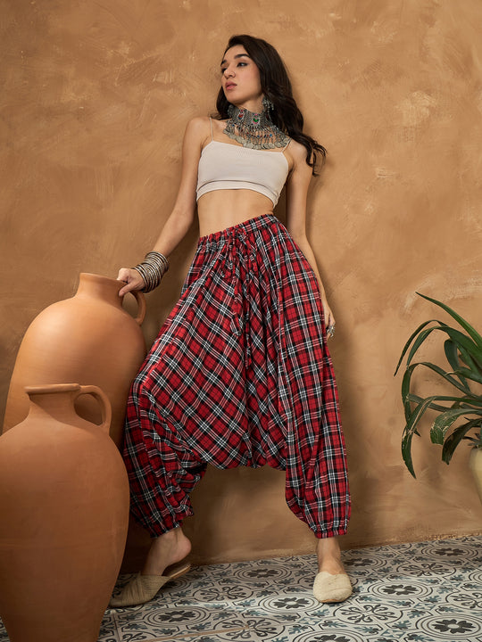 Red Black Check Cowl Harem Pant