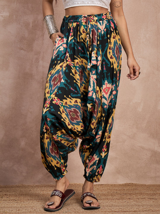 Black Yellow Ikkat Print Cowl Harem Pant