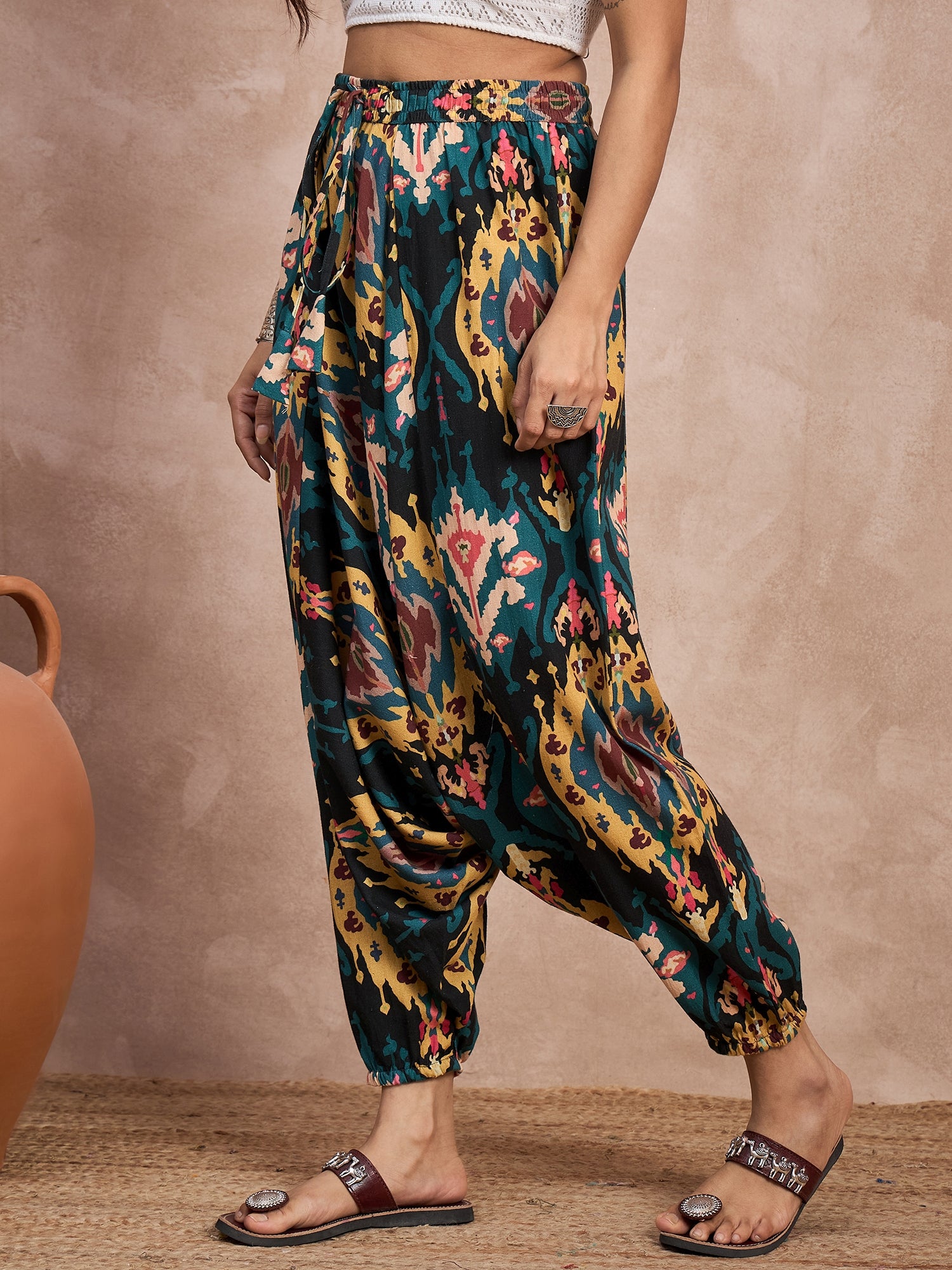 Black Yellow Ikkat Print Cowl Harem Pant