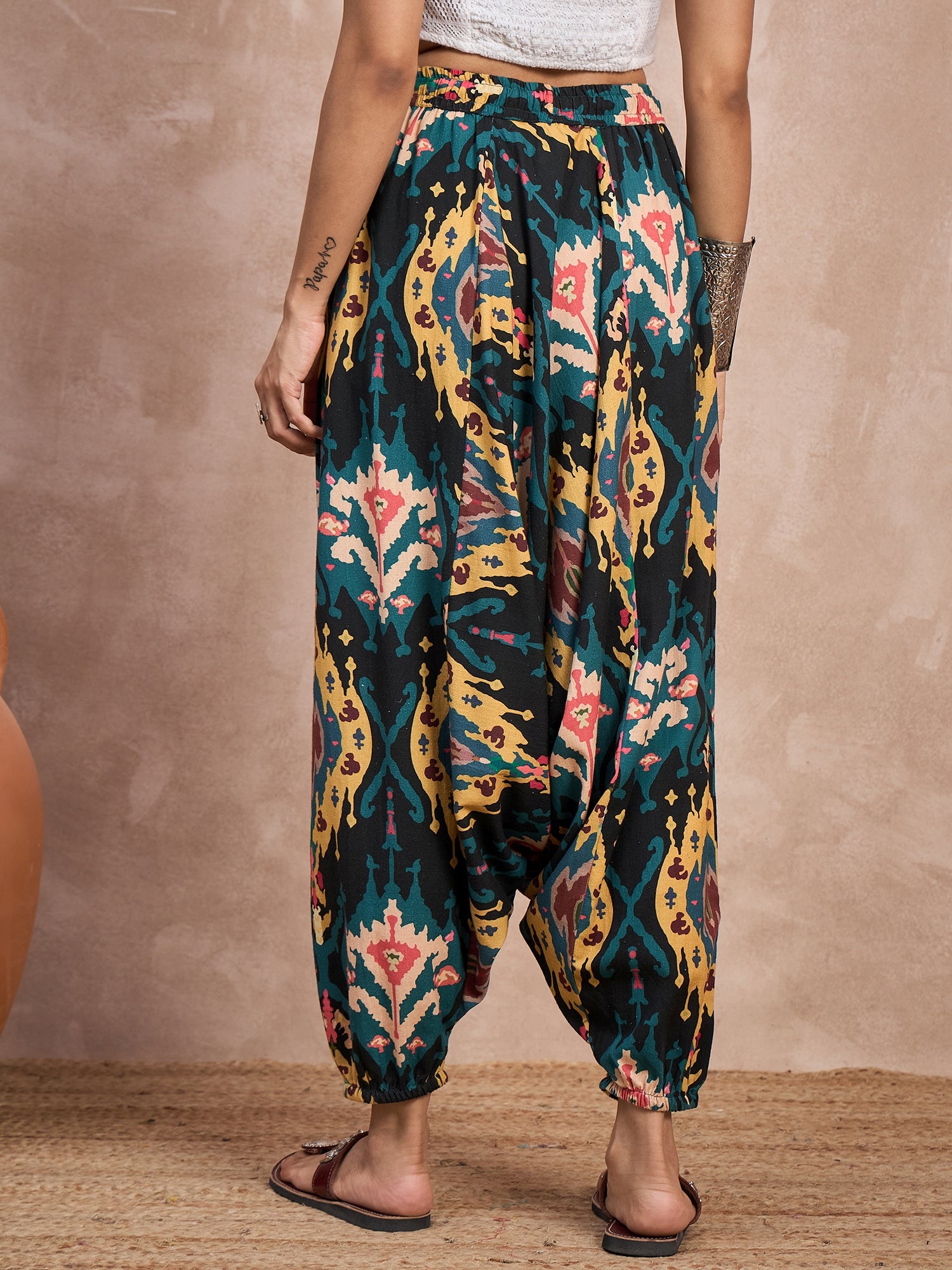 Black Yellow Ikkat Print Cowl Harem Pant