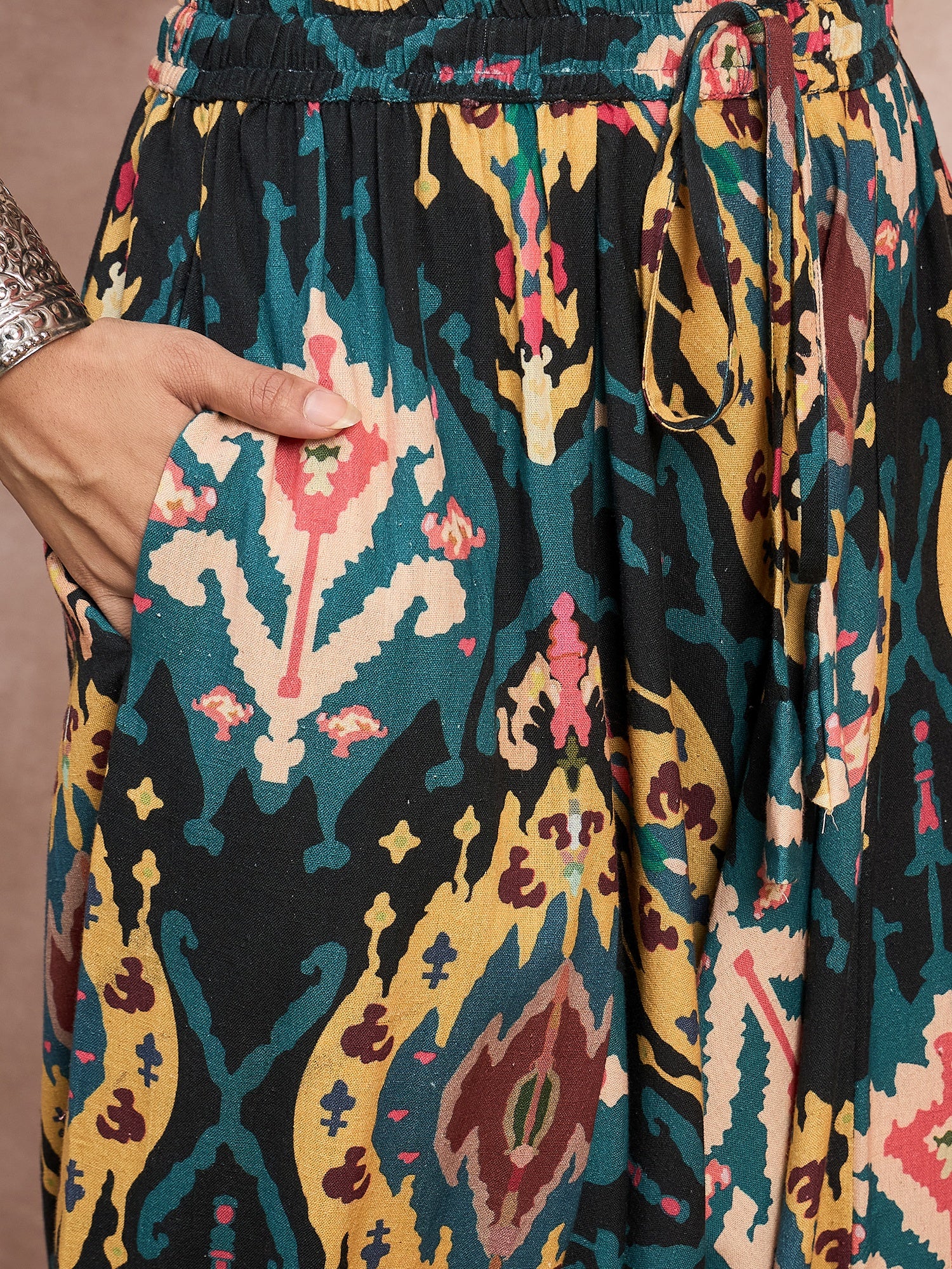 Black Yellow Ikkat Print Cowl Harem Pant