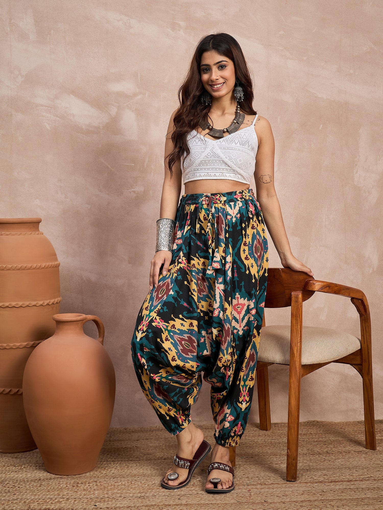 Black Yellow Ikkat Print Cowl Harem Pant