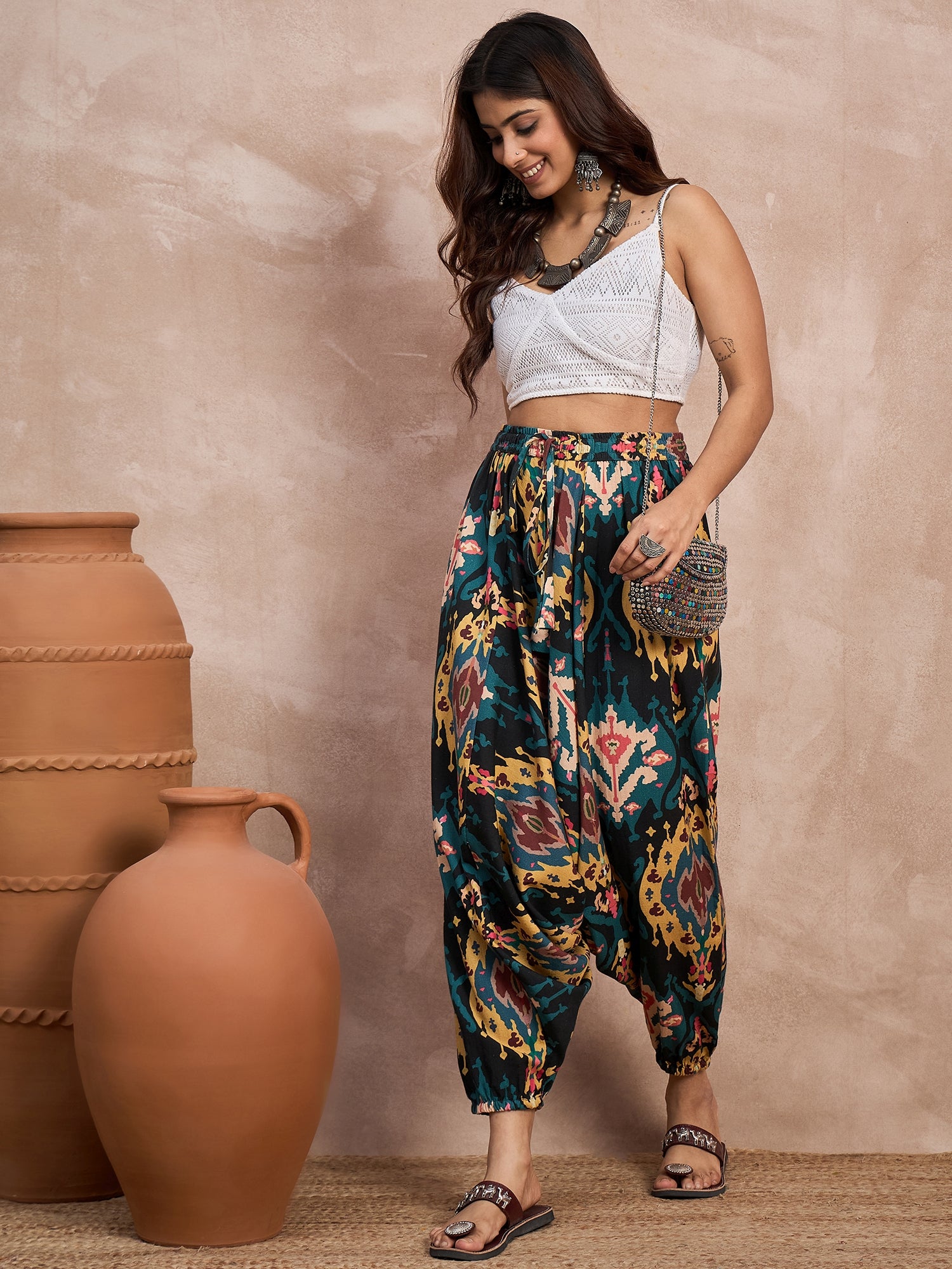 Black Yellow Ikkat Print Cowl Harem Pant