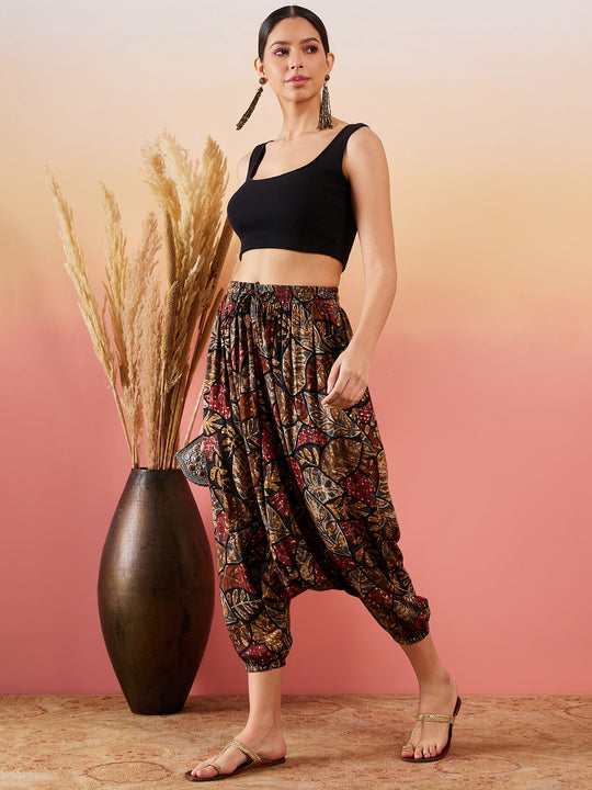Black Grey Leaf Print Foil Harem Pant