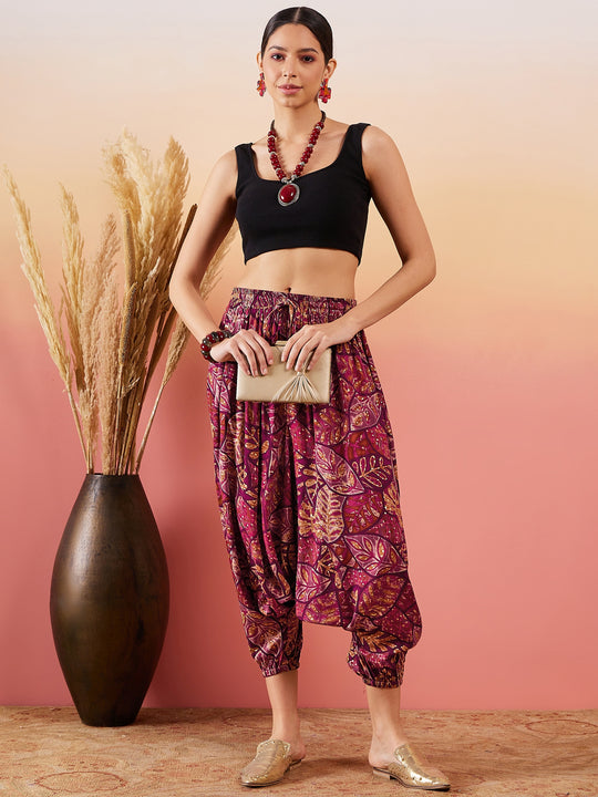 Wine Maroon Leaf Print Foil Harem Pant