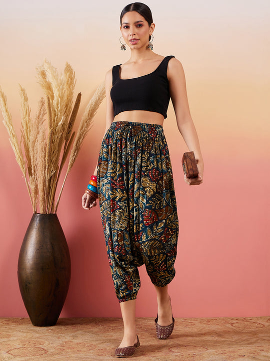 Teal Maroon Leaf Print Foil Harem Pant