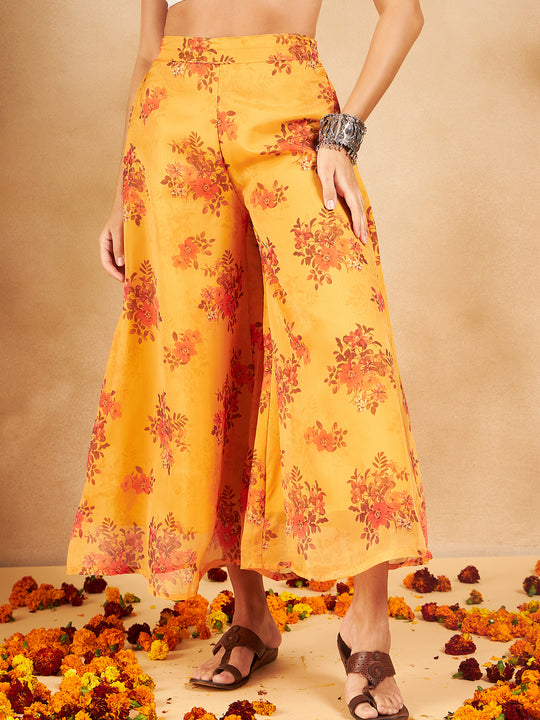 Mustard Rose Printed Organza Palazzo
