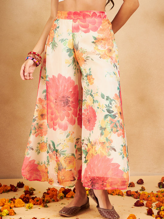 Cream Pink Floral Print Organza Palazzo