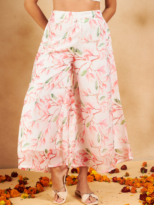 White Peach Floral Print Organza Palazzo