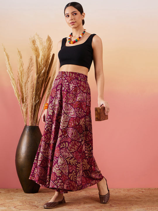 Wine Maroon Leaf Print Foil Palazzo