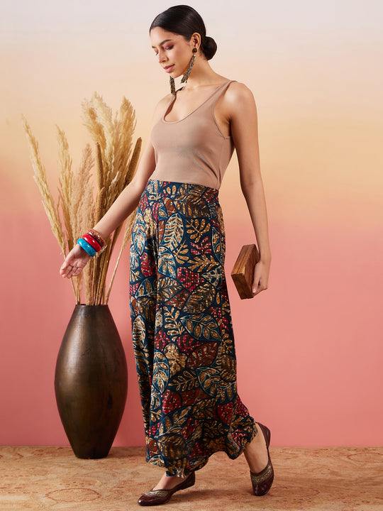 Teal Maroon Leaf Print Foil Palazzo