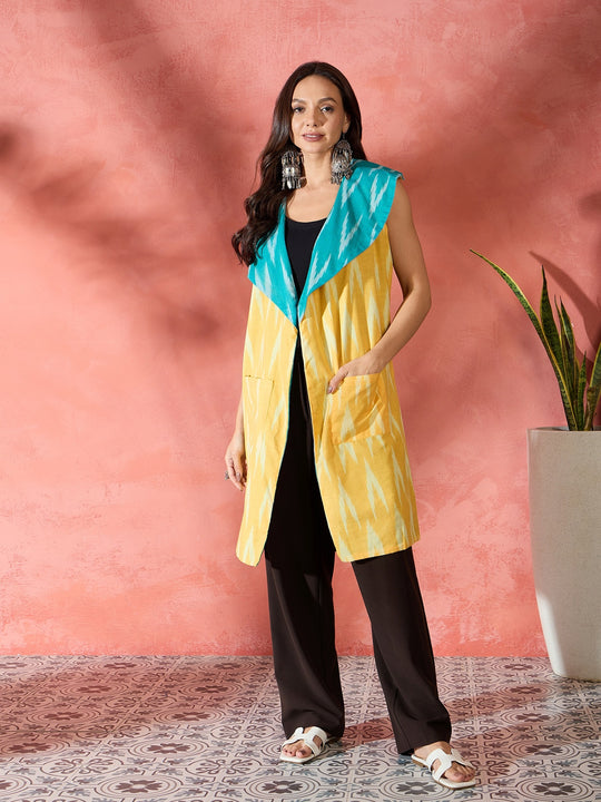 Turquoise Yellow Ikkat Sailor Collar Reversible Shrug