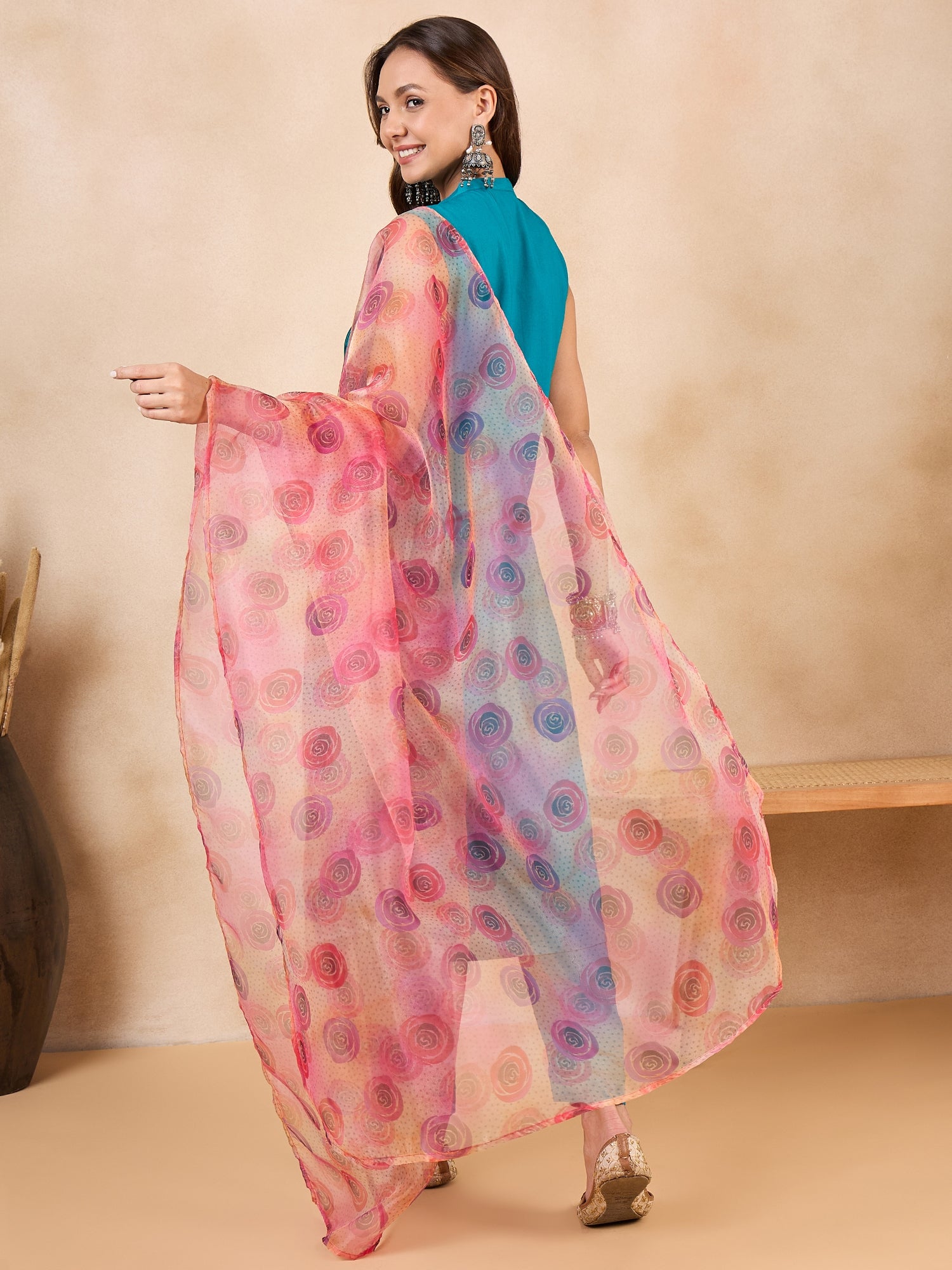 Peach Pink Floral Print Dupatta