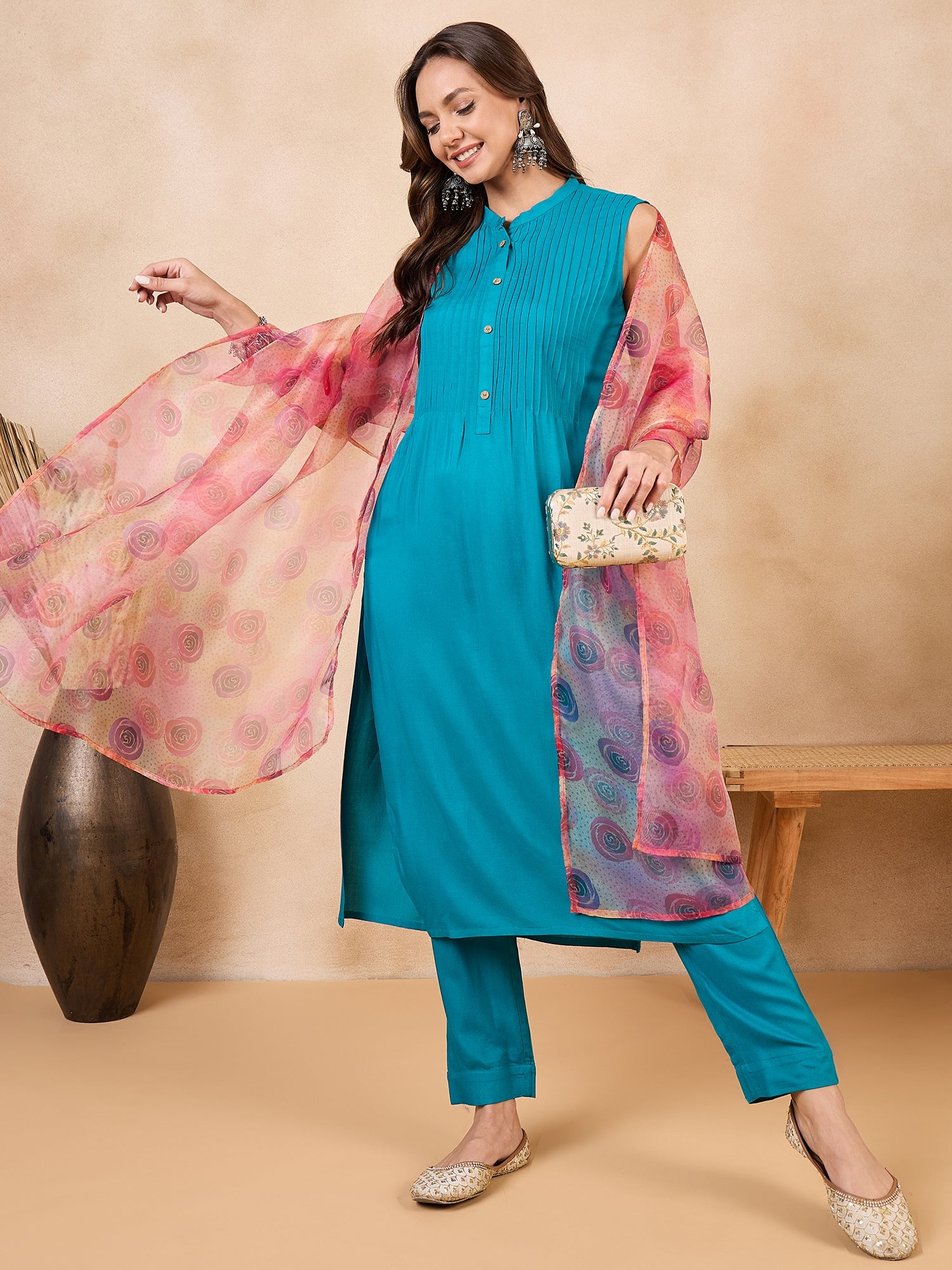 Peach Pink Floral Print Dupatta