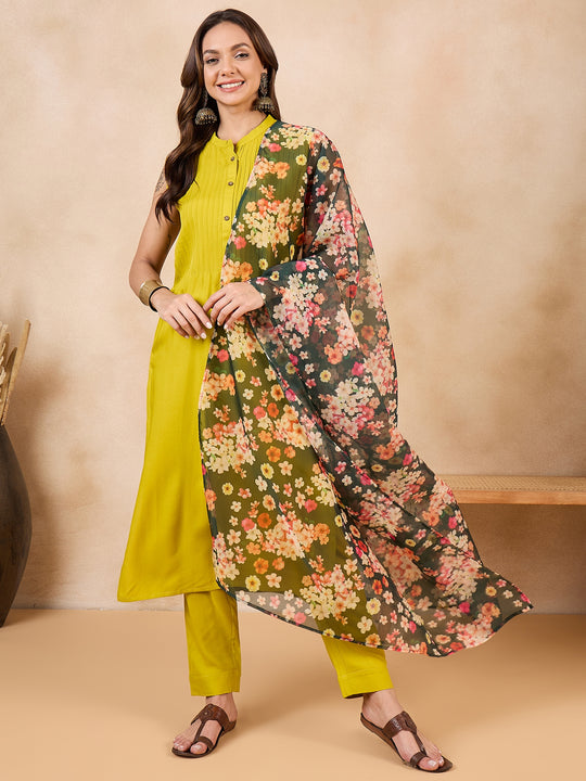 Dark Green Floral Print Organza Dupatta