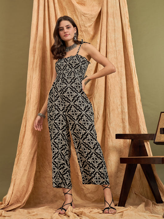 Black Damask Print Strappy Jumpsuit