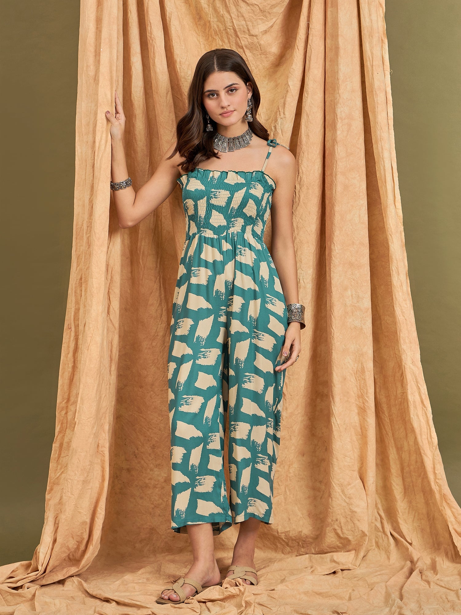 Marin Teal Beige Strappy Jumpsuit