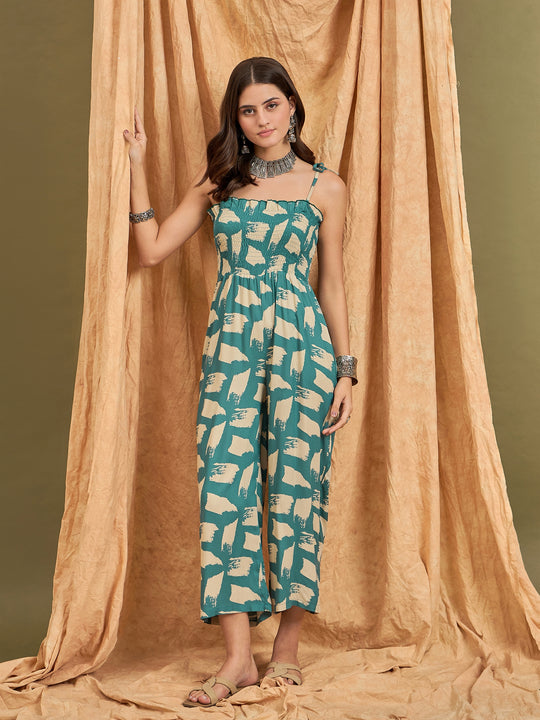 Marin Teal Beige Strappy Jumpsuit