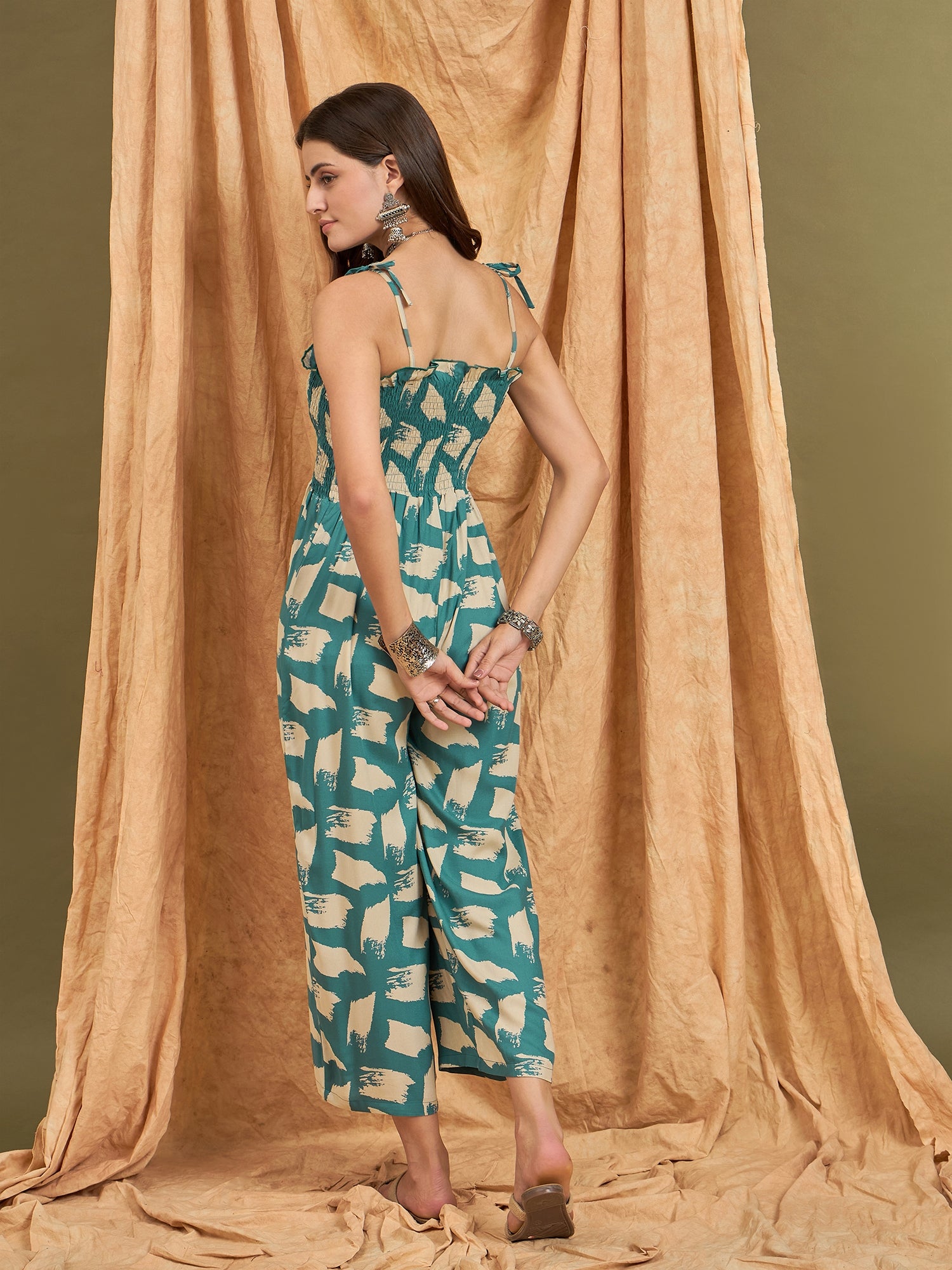 Marin Teal Beige Strappy Jumpsuit