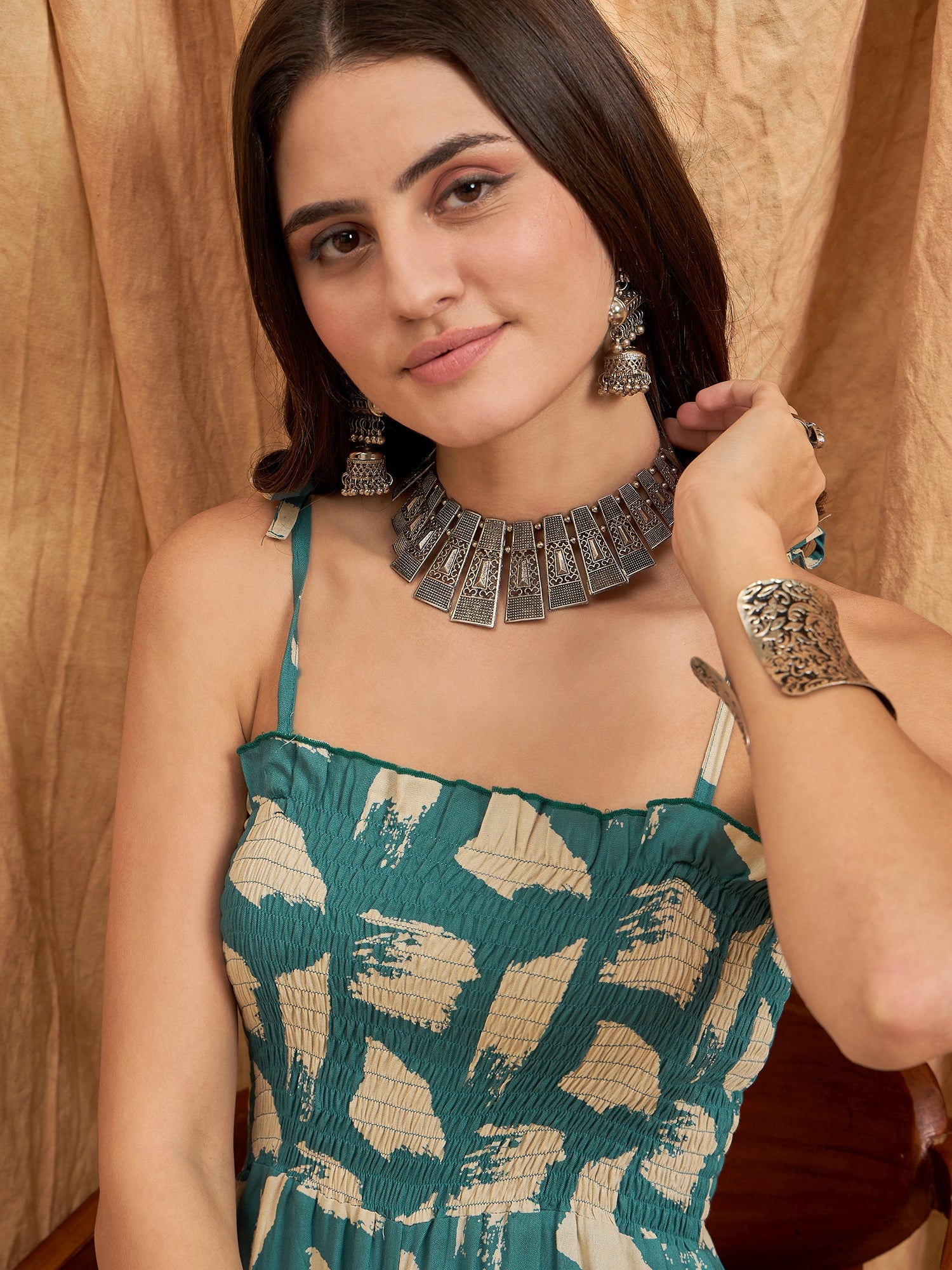 Marin Teal Beige Strappy Jumpsuit