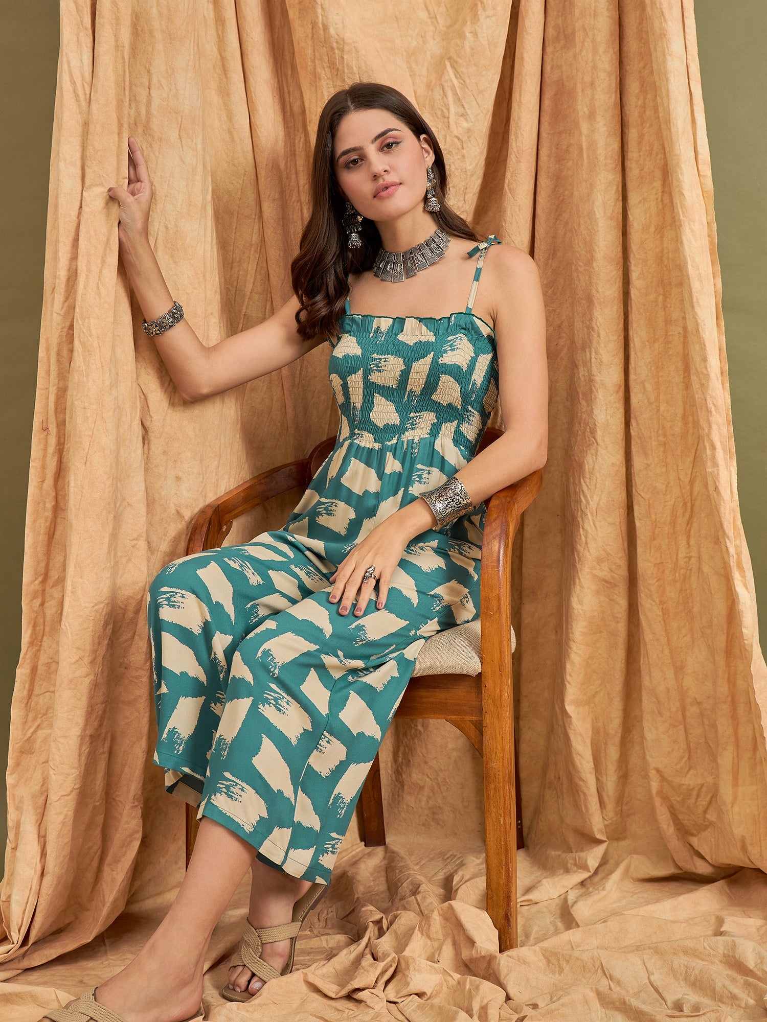 Marin Teal Beige Strappy Jumpsuit