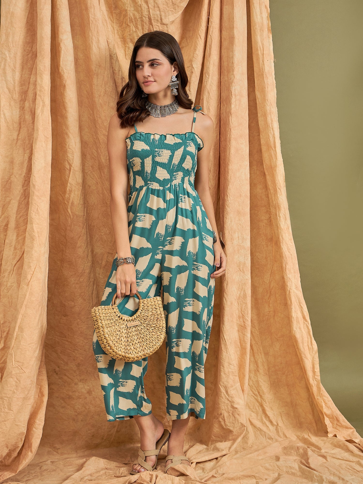 Marin Teal Beige Strappy Jumpsuit