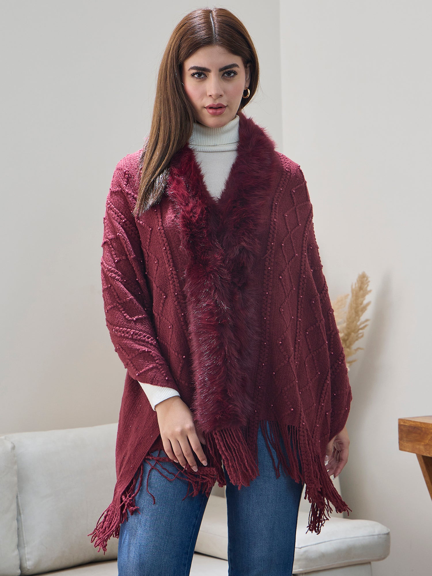 Maroon Pearl Fur Poncho