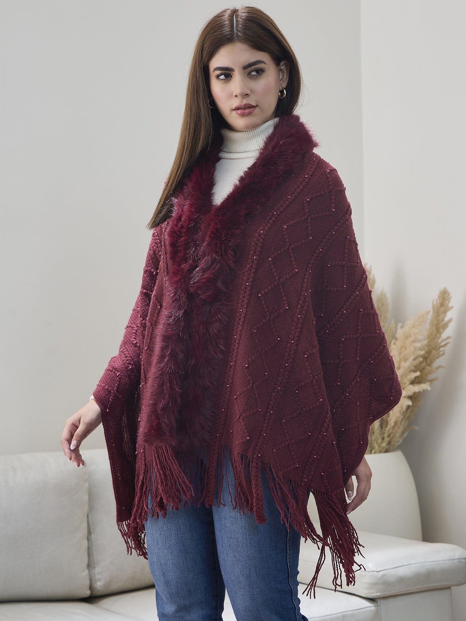 Maroon Pearl Fur Poncho