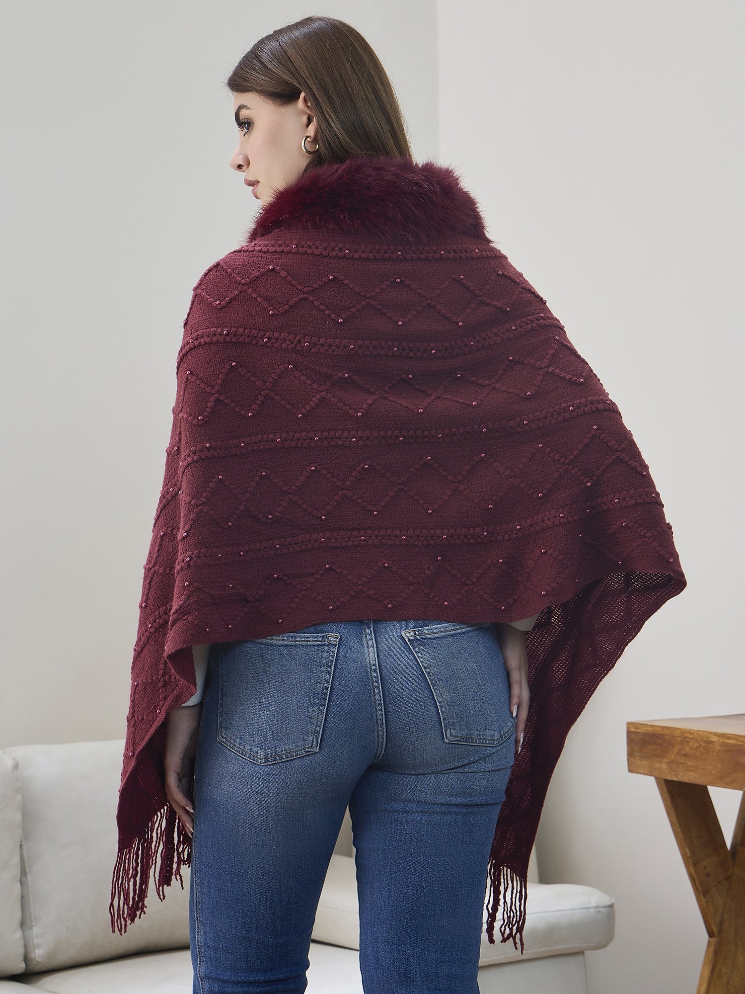 Maroon Pearl Fur Poncho