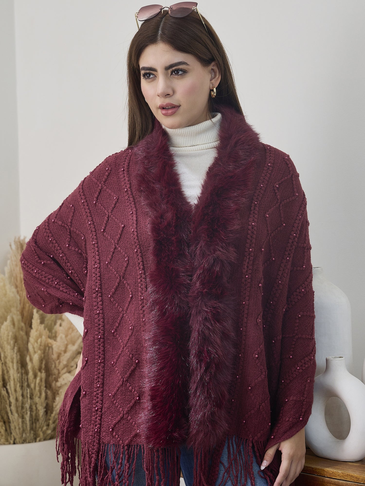 Maroon Pearl Fur Poncho