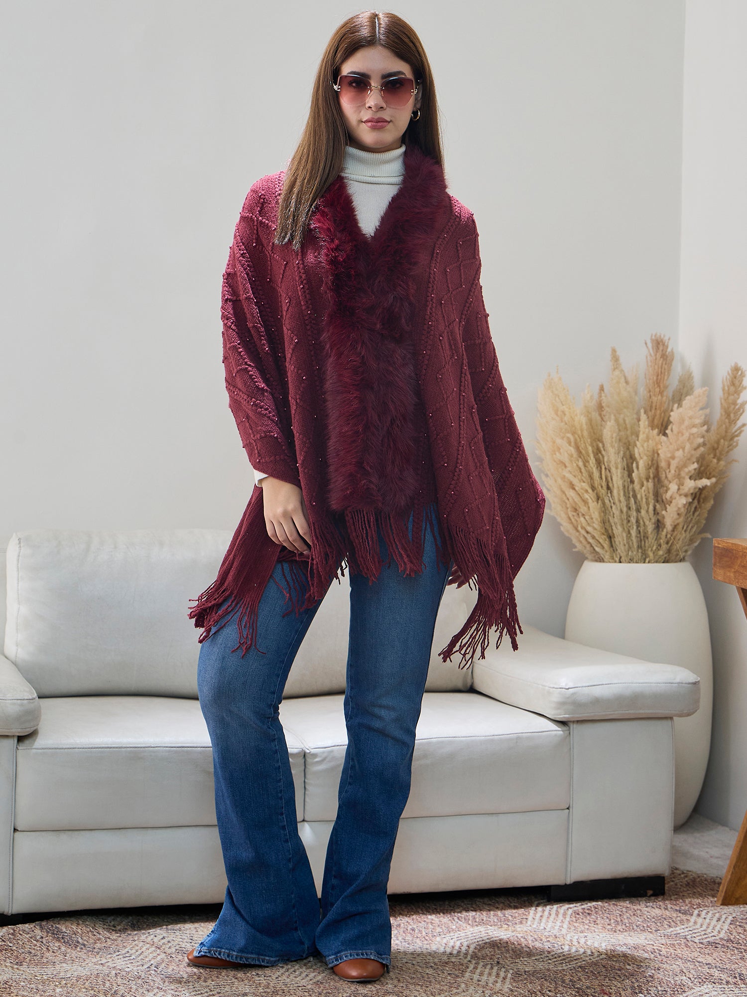 Maroon Pearl Fur Poncho