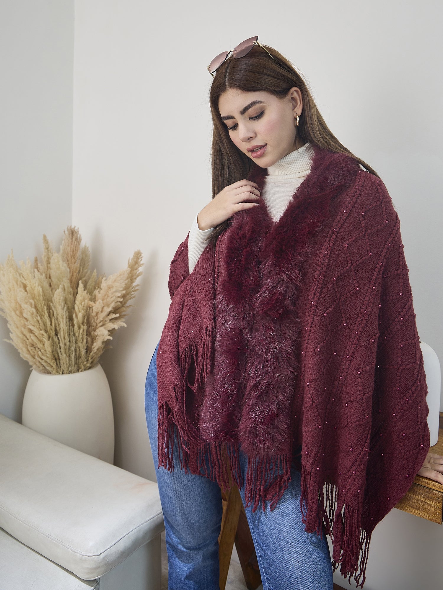 Maroon Pearl Fur Poncho