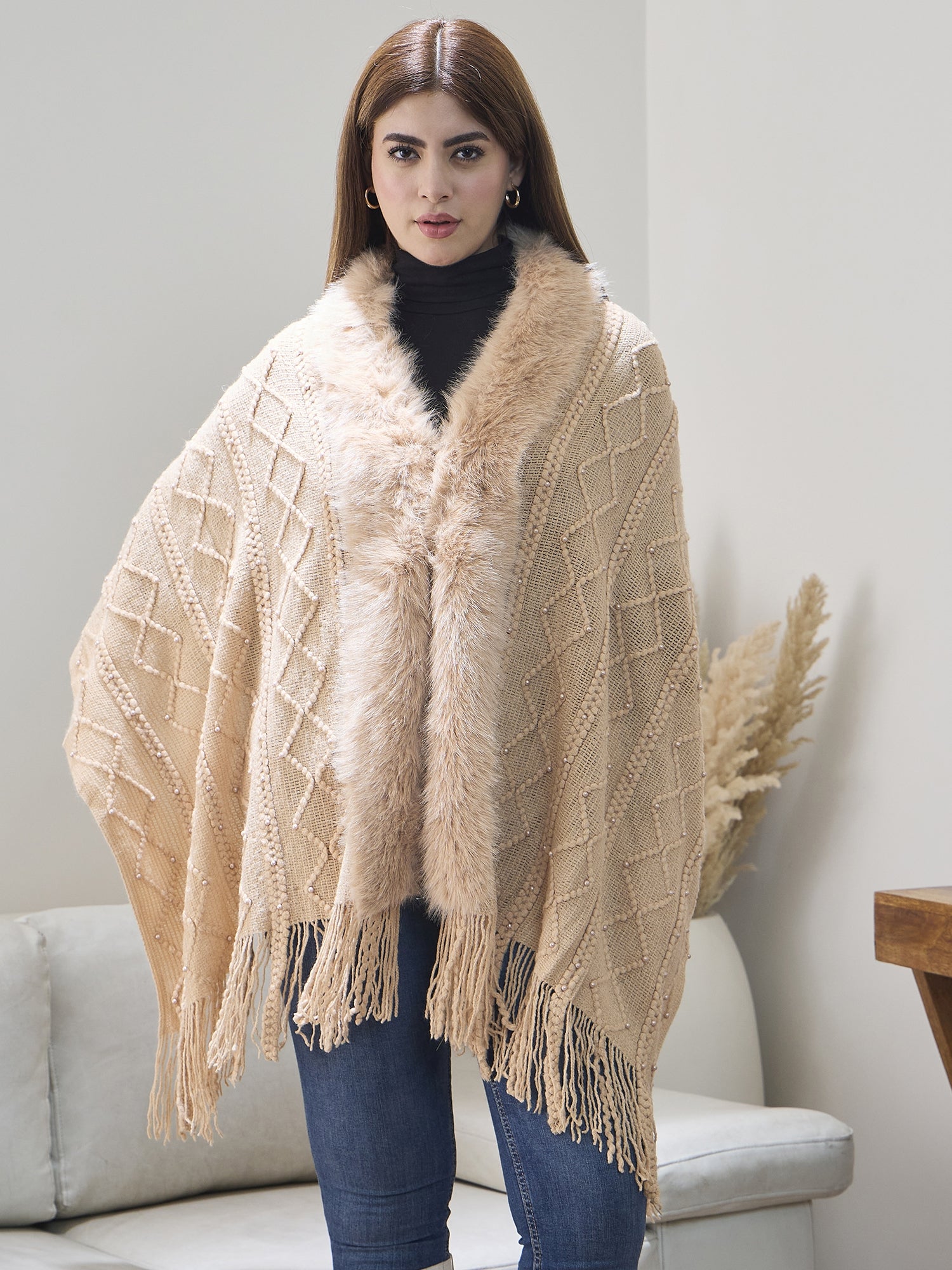 Beige Pearl Fur Poncho