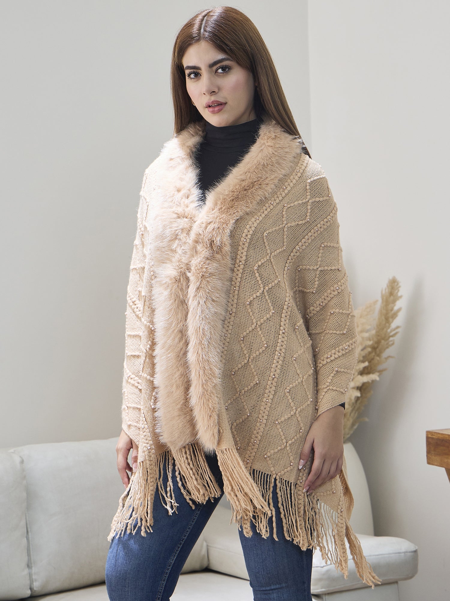 Beige Pearl Fur Poncho