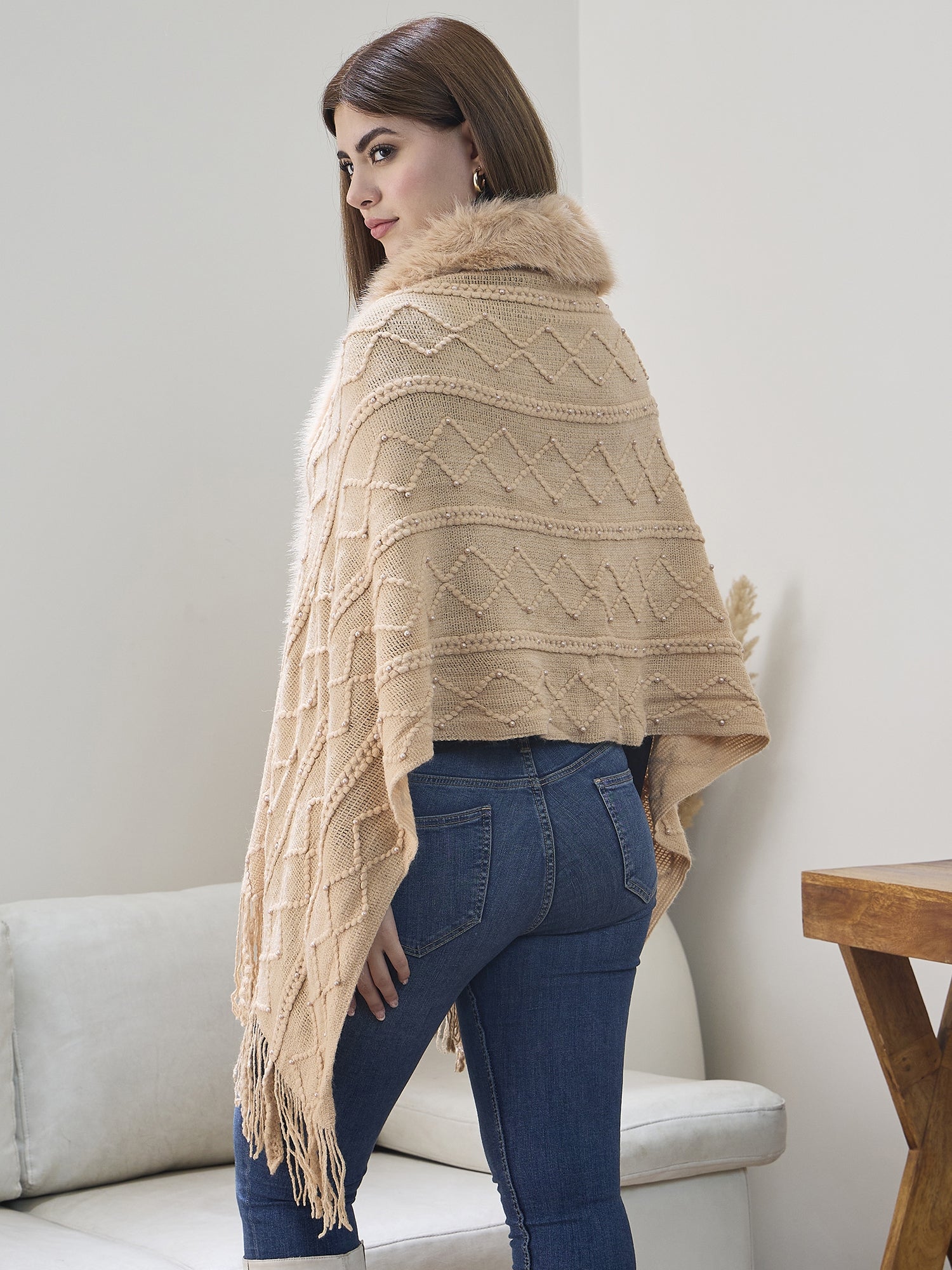 Beige Pearl Fur Poncho