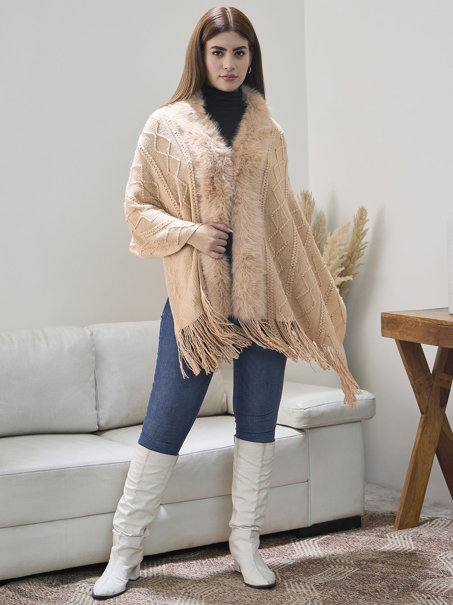 Beige Pearl Fur Poncho