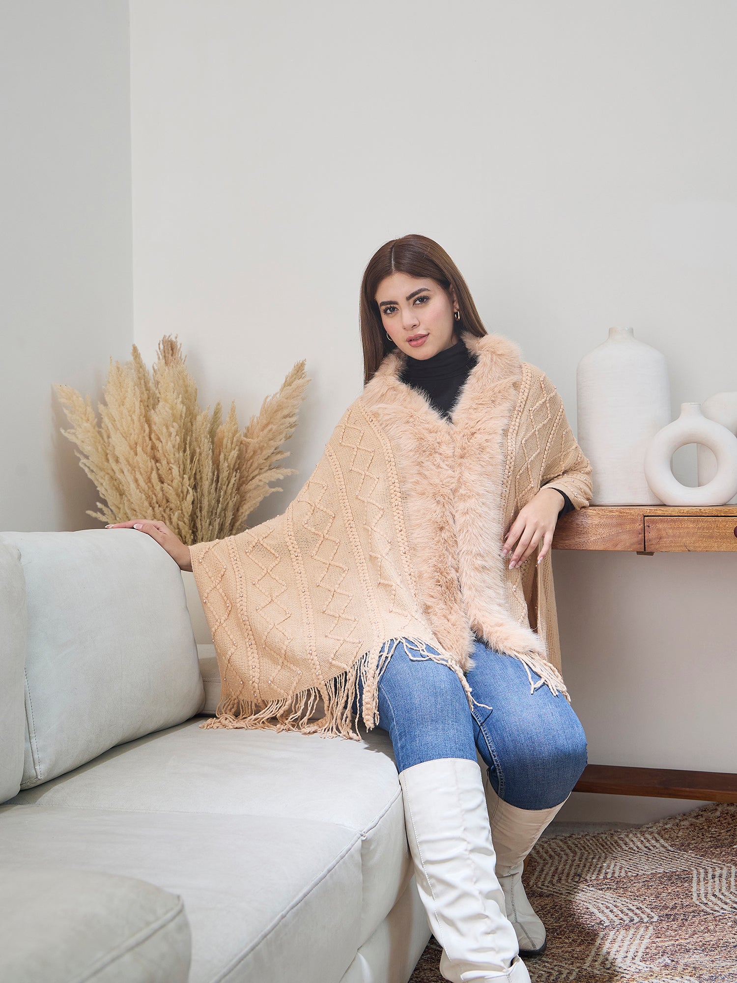 Beige Pearl Fur Poncho