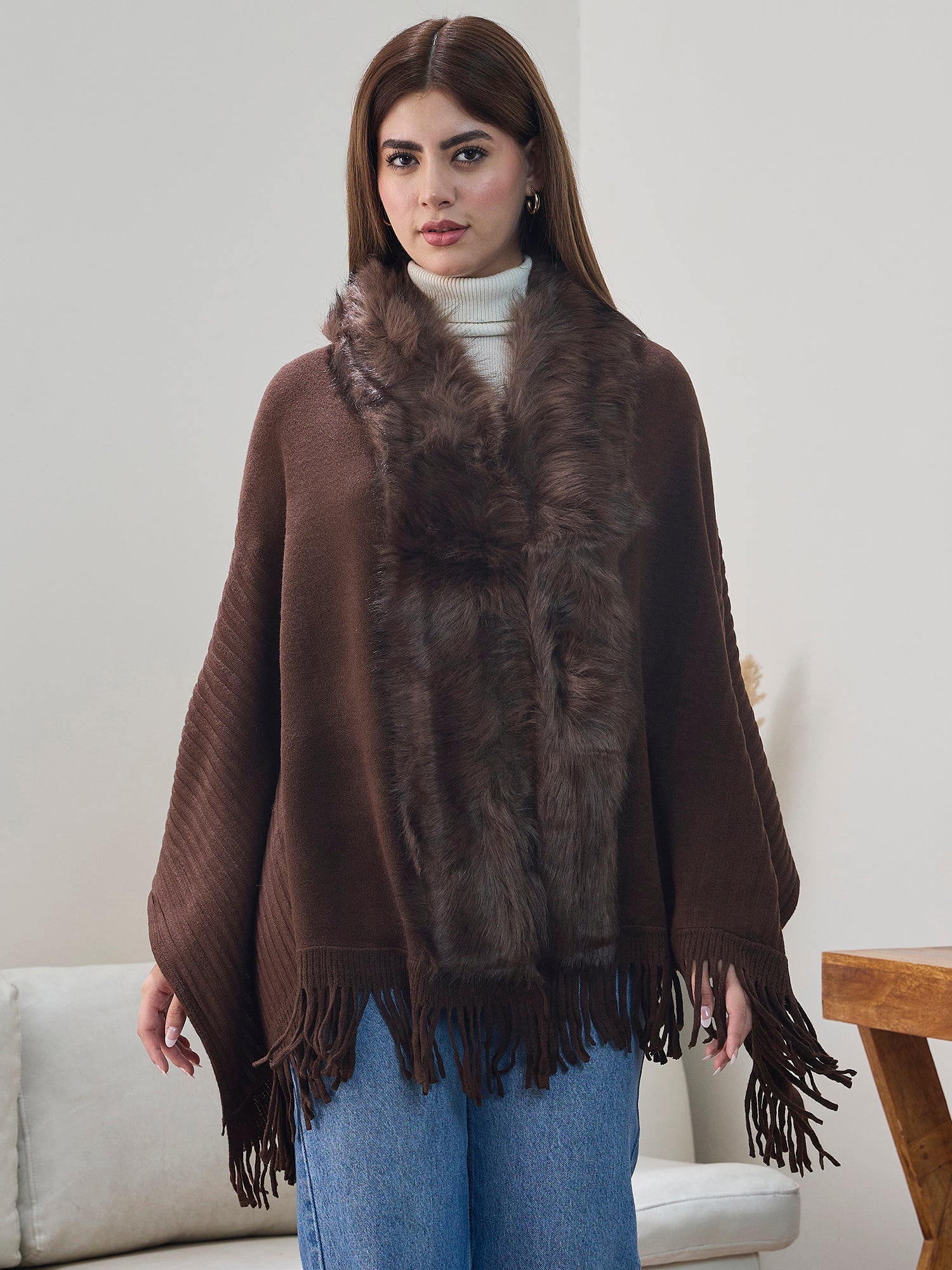Dark Brown Striped Fur Poncho