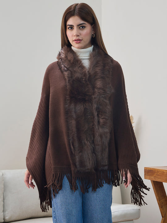 Dark Brown Striped Fur Poncho