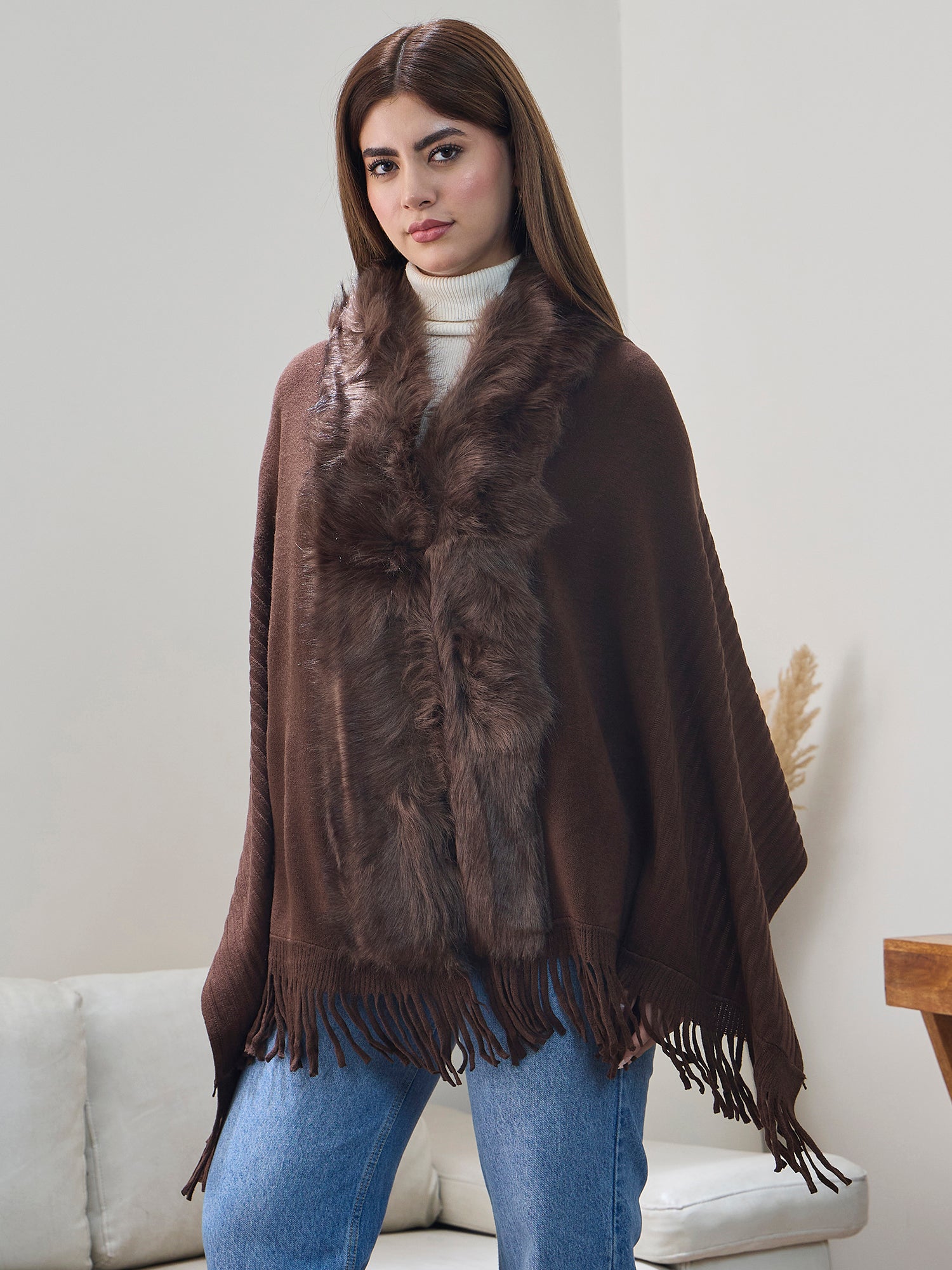 Dark Brown Striped Fur Poncho