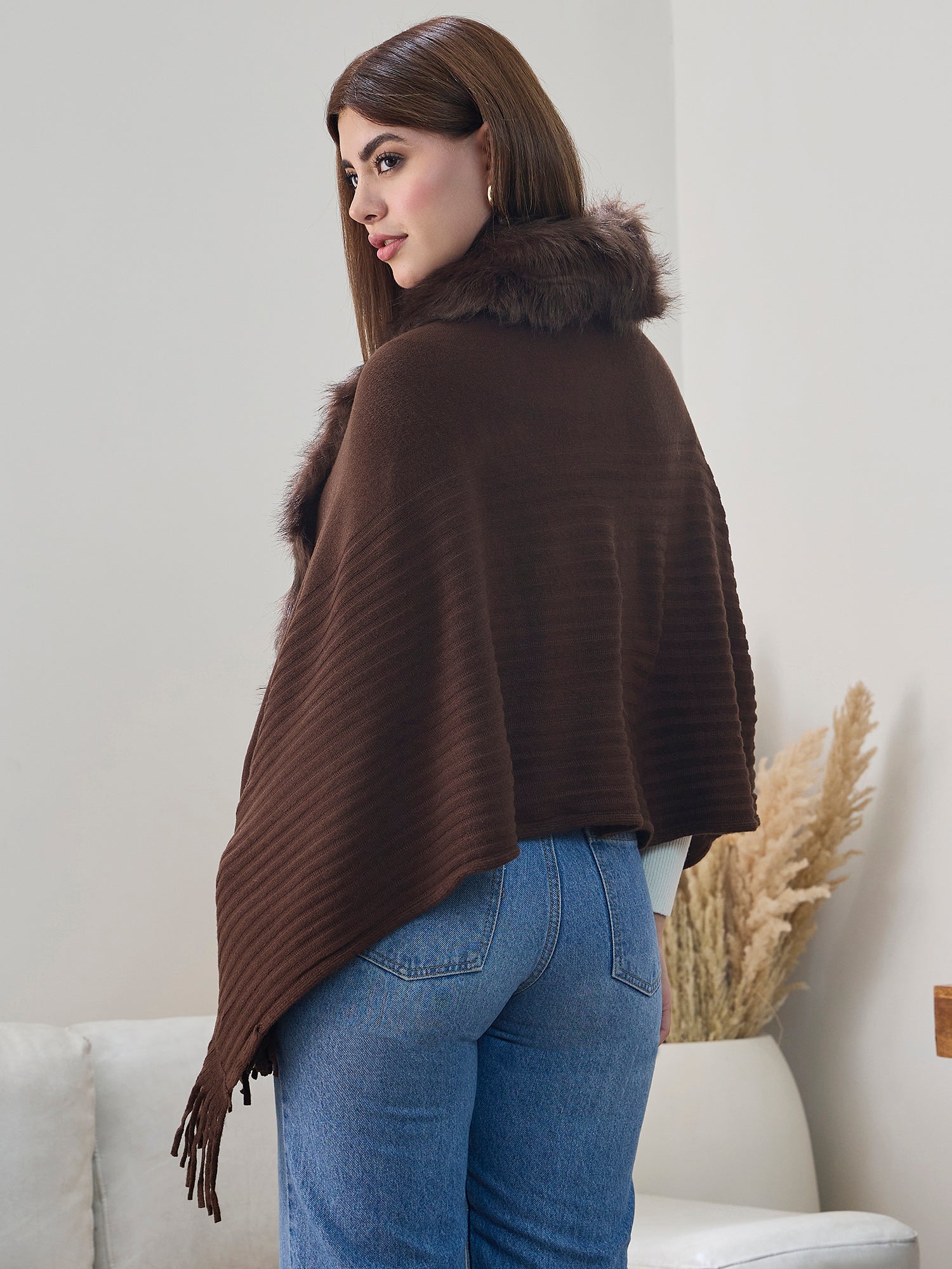 Dark Brown Striped Fur Poncho