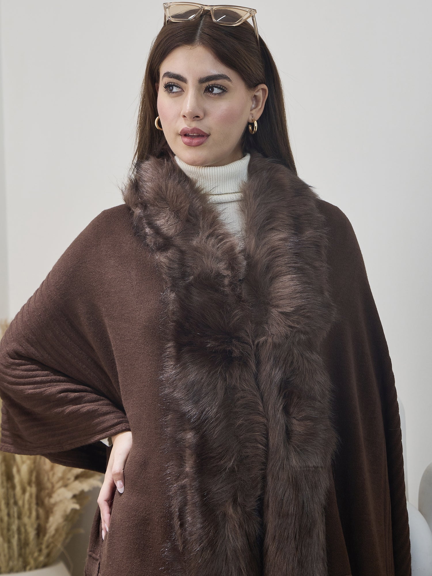 Dark Brown Striped Fur Poncho