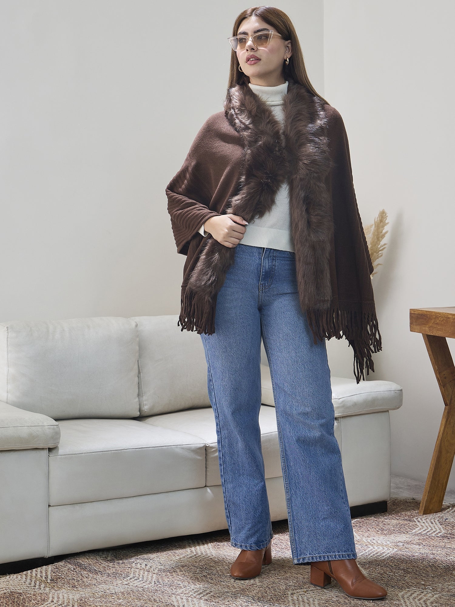 Dark Brown Striped Fur Poncho