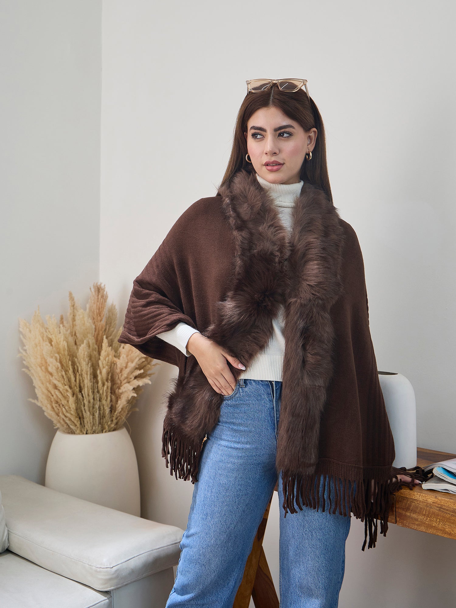 Dark Brown Striped Fur Poncho