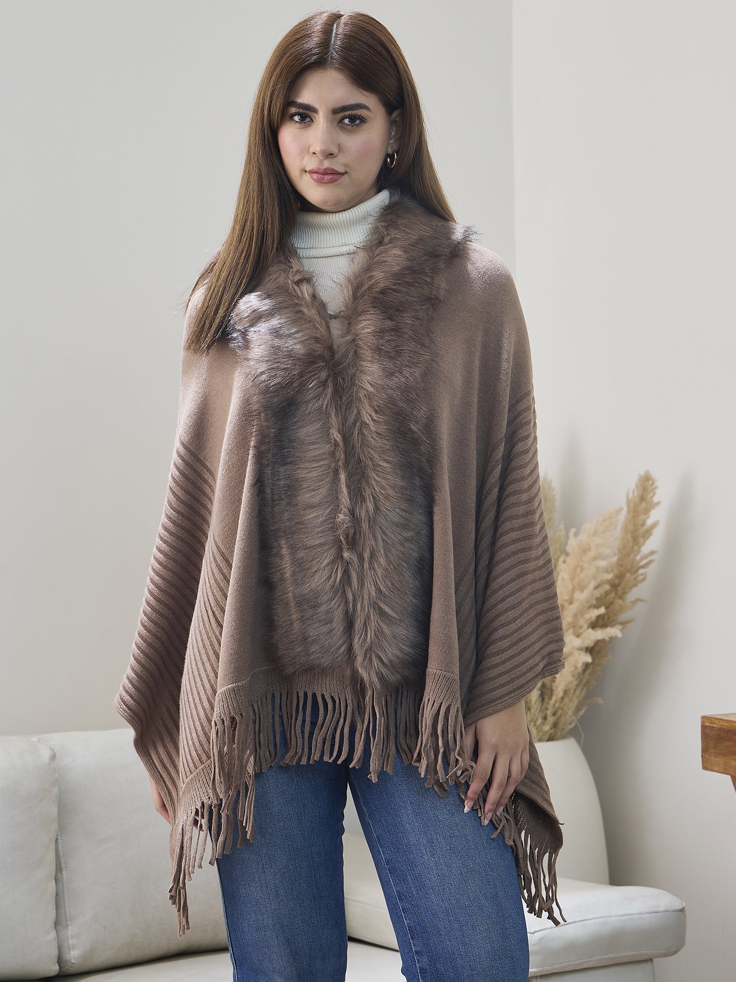 Dull Brown Striped Fur Poncho