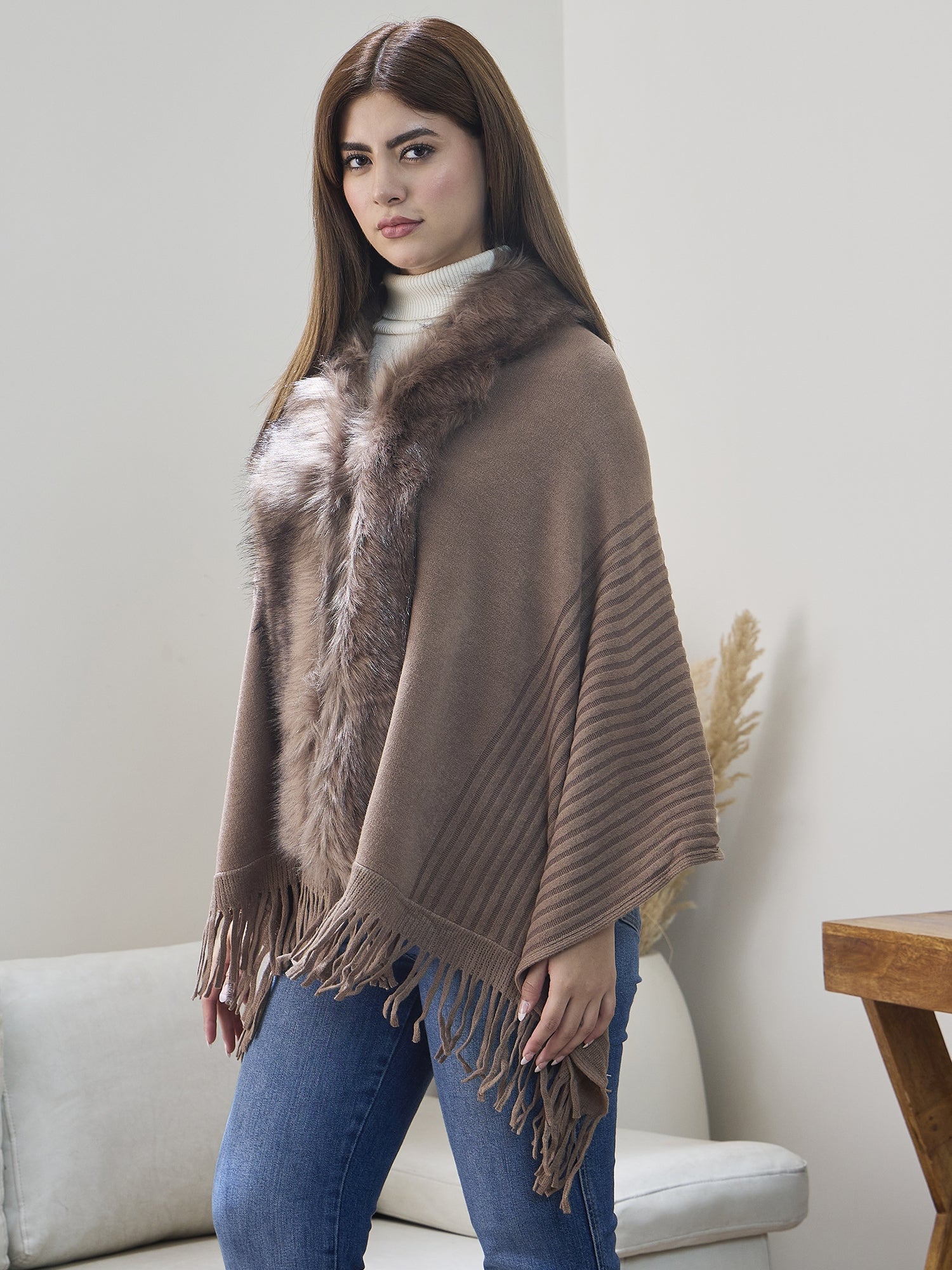 Dull Brown Striped Fur Poncho